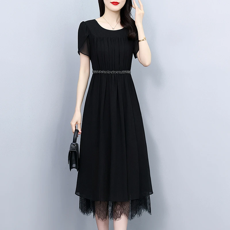 圆领黑色真丝连衣裙2025年新款夏季中长款修身显瘦洋气质小黑裙子