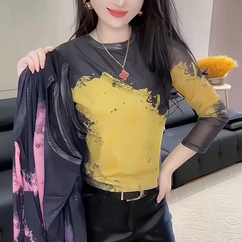 夏季薄款网纱防晒罩衫女2025新款高级感水墨晕染修身显瘦长袖T恤