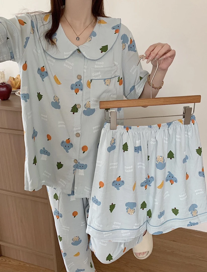 59416#女款蓝色小象三件套云朵棉睡衣外穿开衫家居服