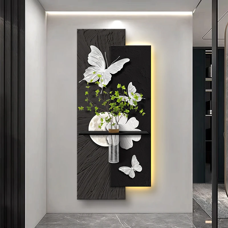 2025新水培侘寂风玄关装饰画立体晶瓷壁画黑白蝴蝶过道走廊挂画