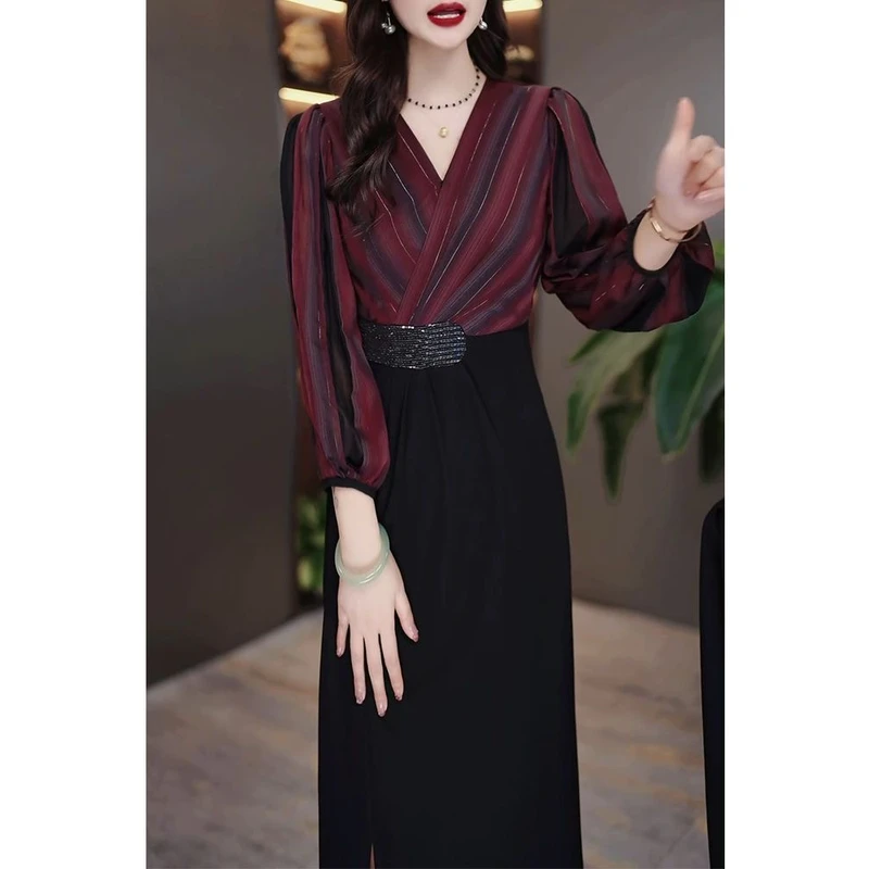 M0158  新款春秋季新中式收腰长裙气质连衣裙女