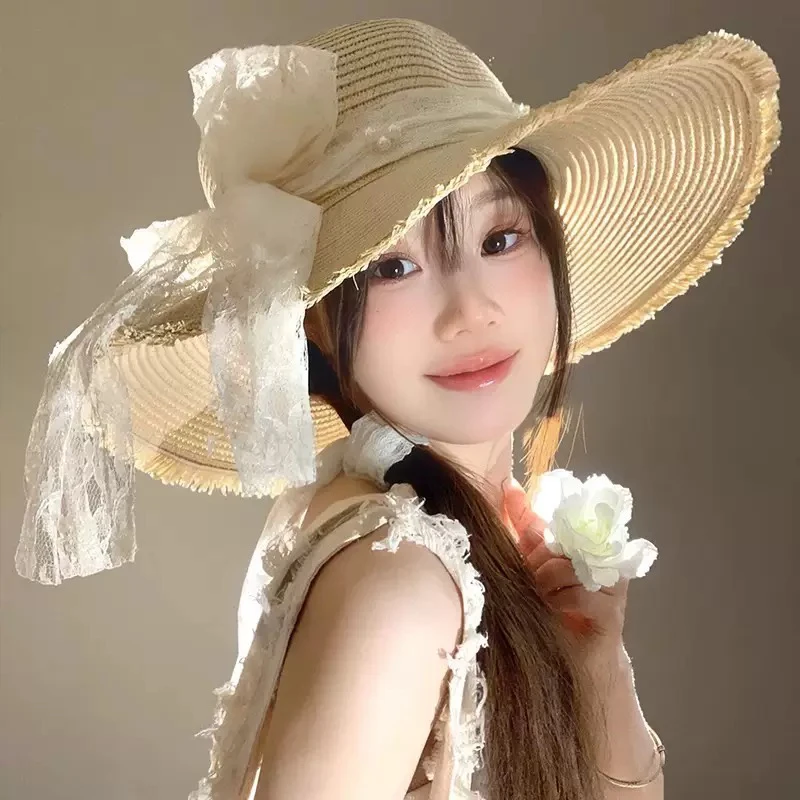 蕾丝蝴蝶结草帽女夏季法式大帽檐遮阳防晒帽海边沙滩度假太阳帽子