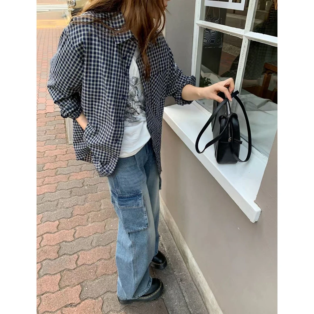 美式复古格子长袖衬衫女2025春秋新款情侣开衫衬衣防晒外套上衣潮