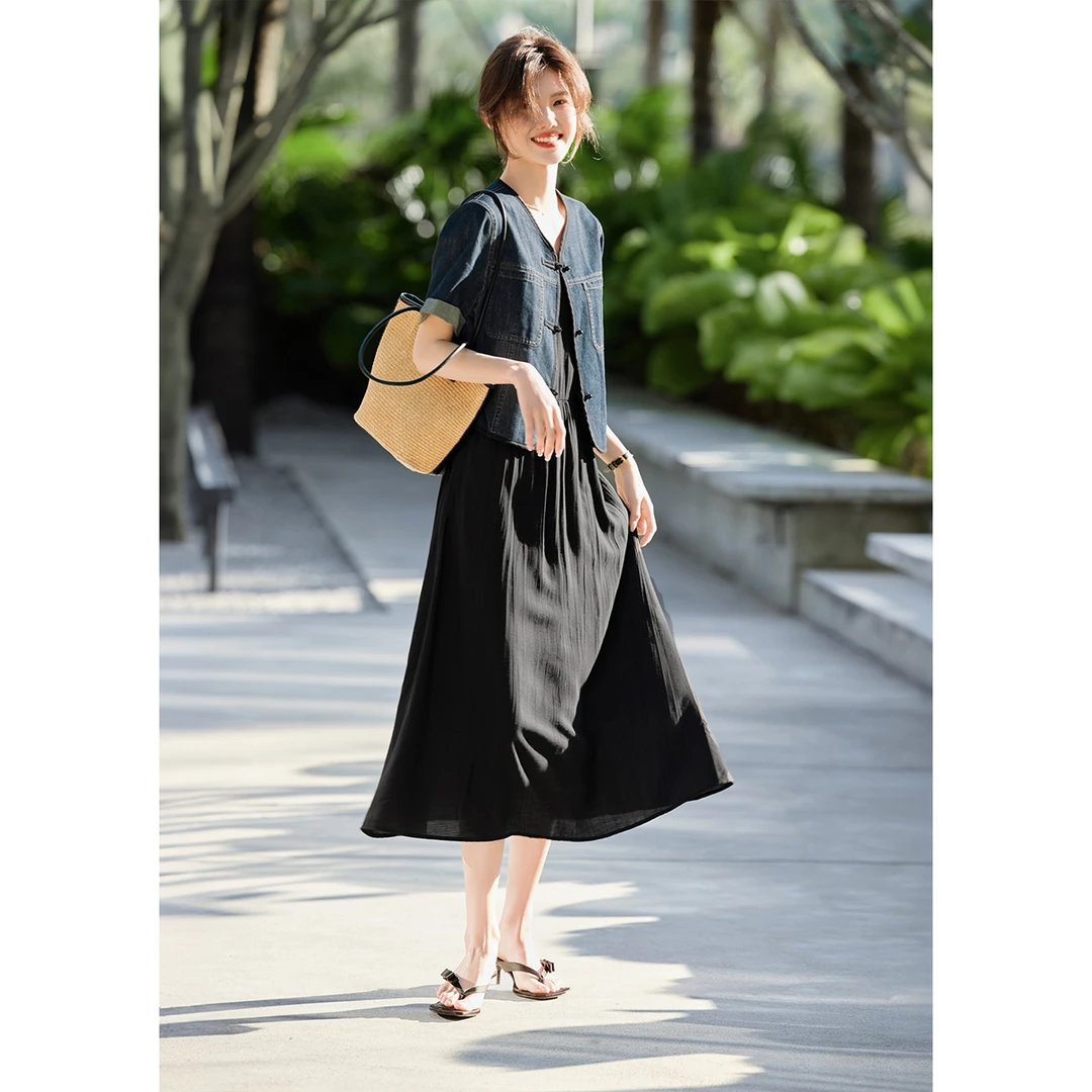 2025秋季气质优雅新中式盘扣牛仔外套吊带裙两件套套装8585