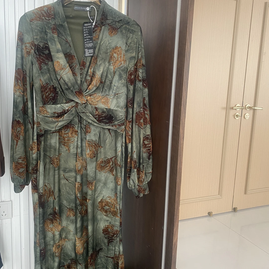 拉链长袖中长裙连衣裙优雅女士女装长款花色复古中式绿色提花