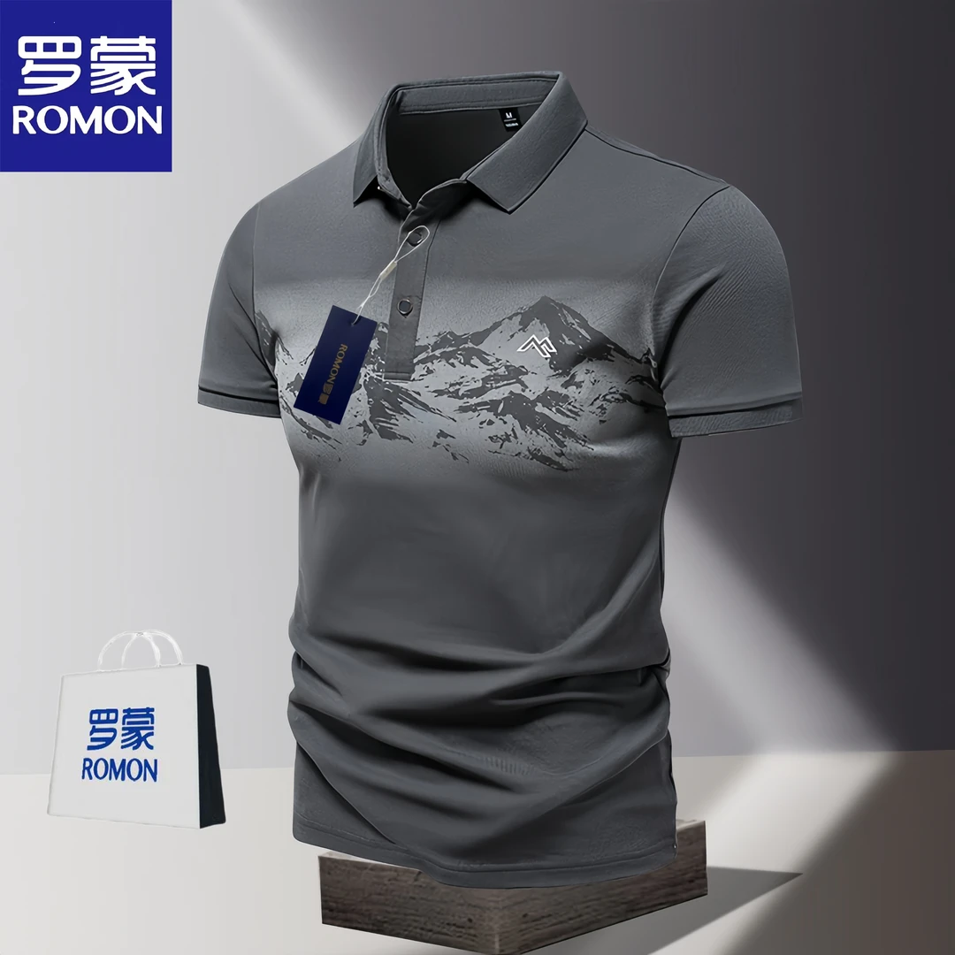 Romon/罗蒙翻领短袖T恤男士夏季新款潮流冰丝POLO衫商务透气上衣