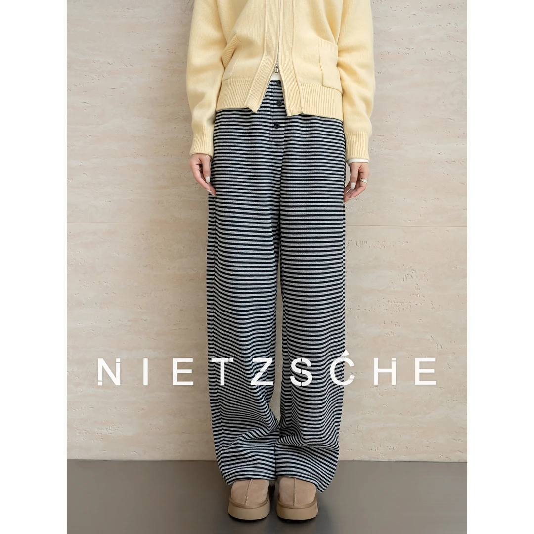 尼采 官方直营｜出圈裤｜加绒软糯条纹裤上身显瘦不臃肿 裤子62101