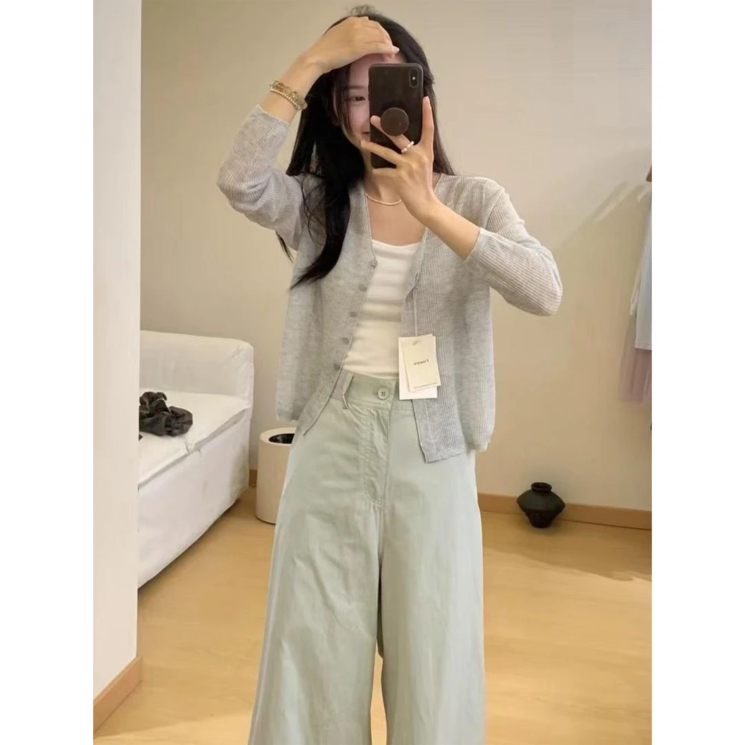 VOCKOO官方灰色修身长袖针织衫外套女2025新款开衫配吊带小外搭秋