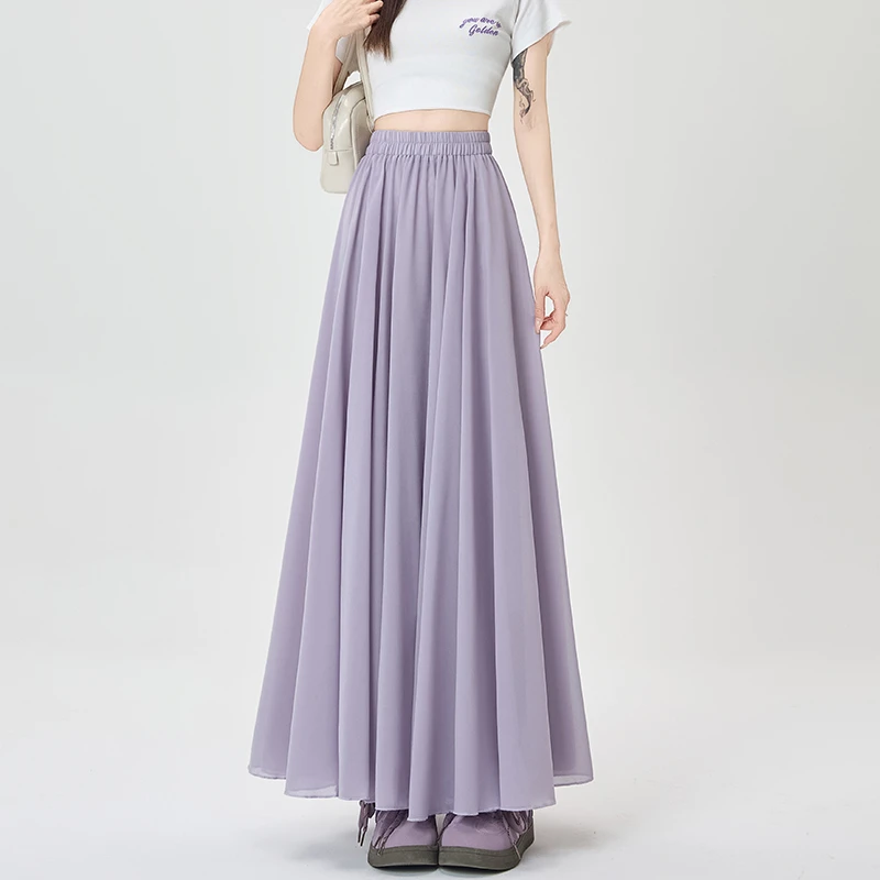 法式紫色雪纺半身裙女夏季薄款高腰a字大摆温柔风仙女百褶长裙女