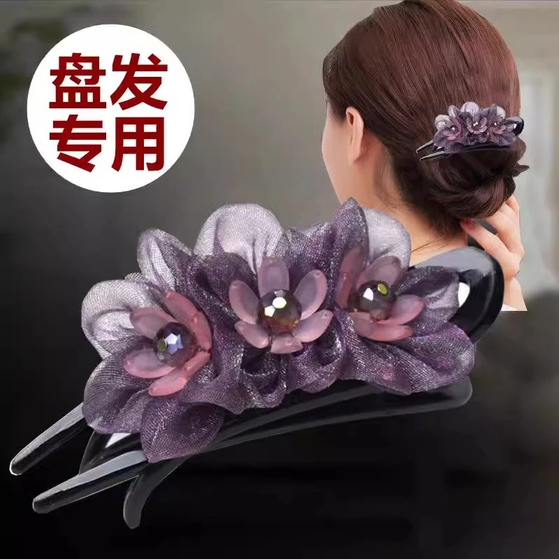 韩版鸭嘴夹娟纱花朵布艺发夹盘头发妈妈发夹子头饰发夹后脑勺顶夹