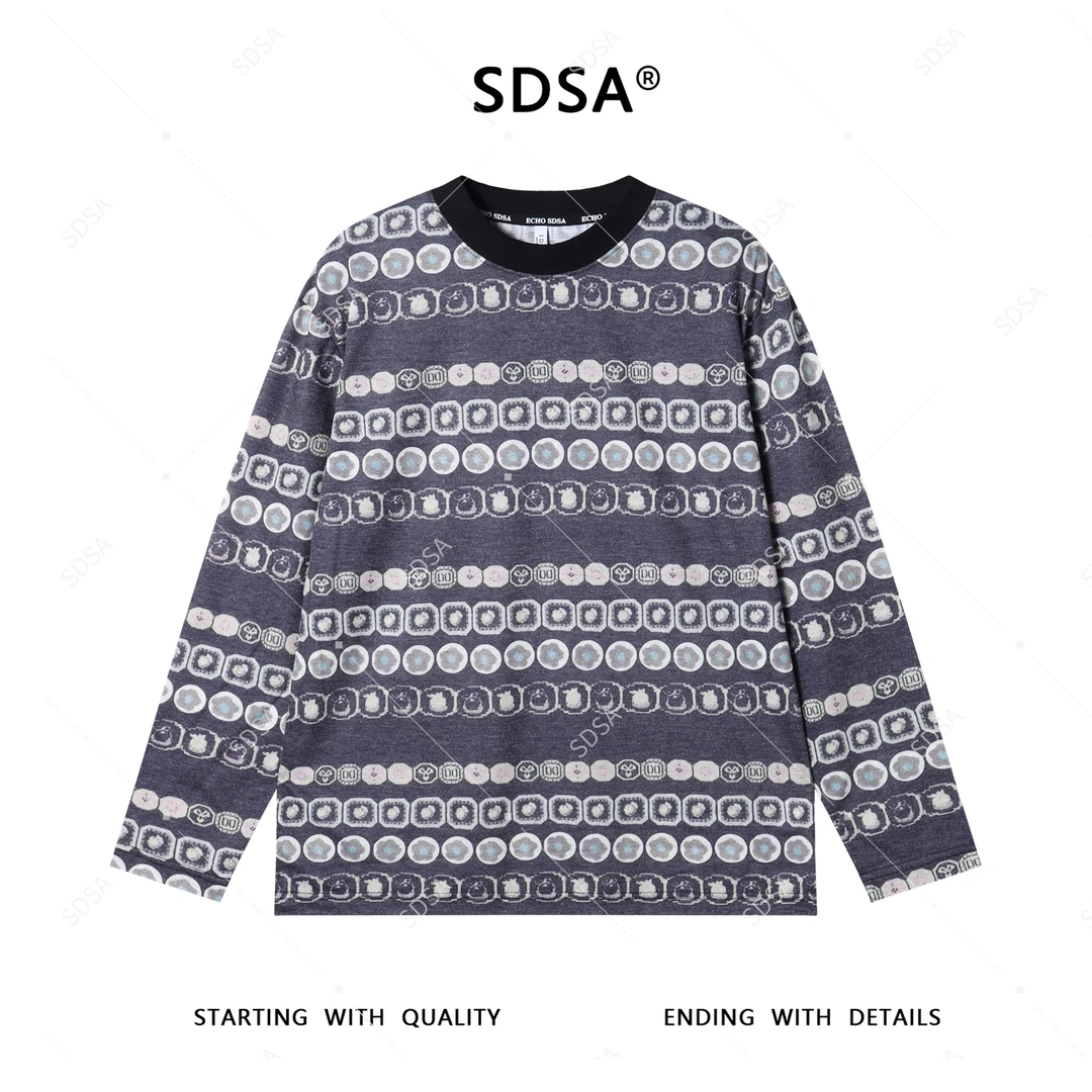 SDSA男士秋冬新款轻奢痞帅男装趣味条纹设计圆领长袖T恤宽松上衣