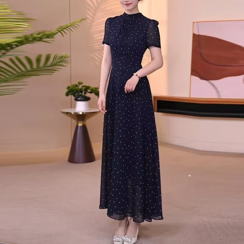 波点雪纺连衣裙女士夏季2025新款妈妈高端轻奢高级感奢华大牌裙子