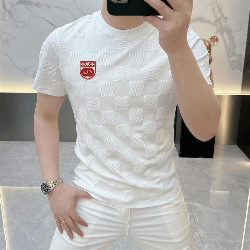 2025男士夏季潮流新款高品质冰麻针织伊力特时尚修身圆领百搭短袖