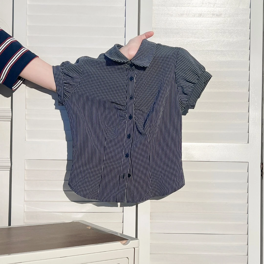 藏蓝色polo领开衫t恤短袖开衫女夏季新款修身显瘦泡泡袖上衣