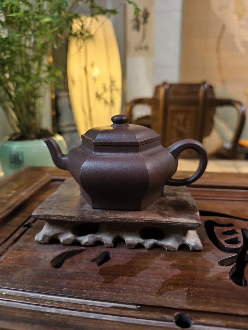 宜兴原矿紫砂老紫泥大彬六方茶壶茶器范玉珍