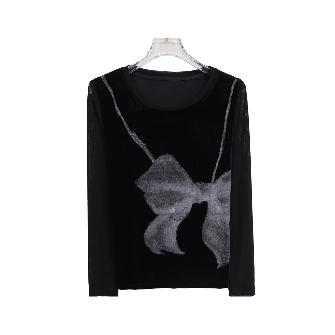 新款圆领长袖短款打底衫蝴蝶结印花上衣T恤X27102