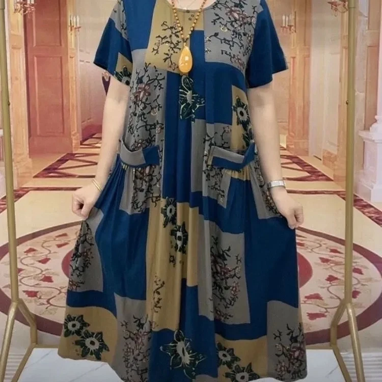 方格棉麻双兜大版夏天连衣裙50到60岁女装老年人裙子加肥加大