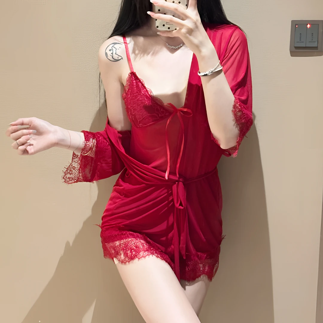 【蜜桃】大码三件套性感蕾丝花边薄纱吊带睡裙新款法式红色夏季套装