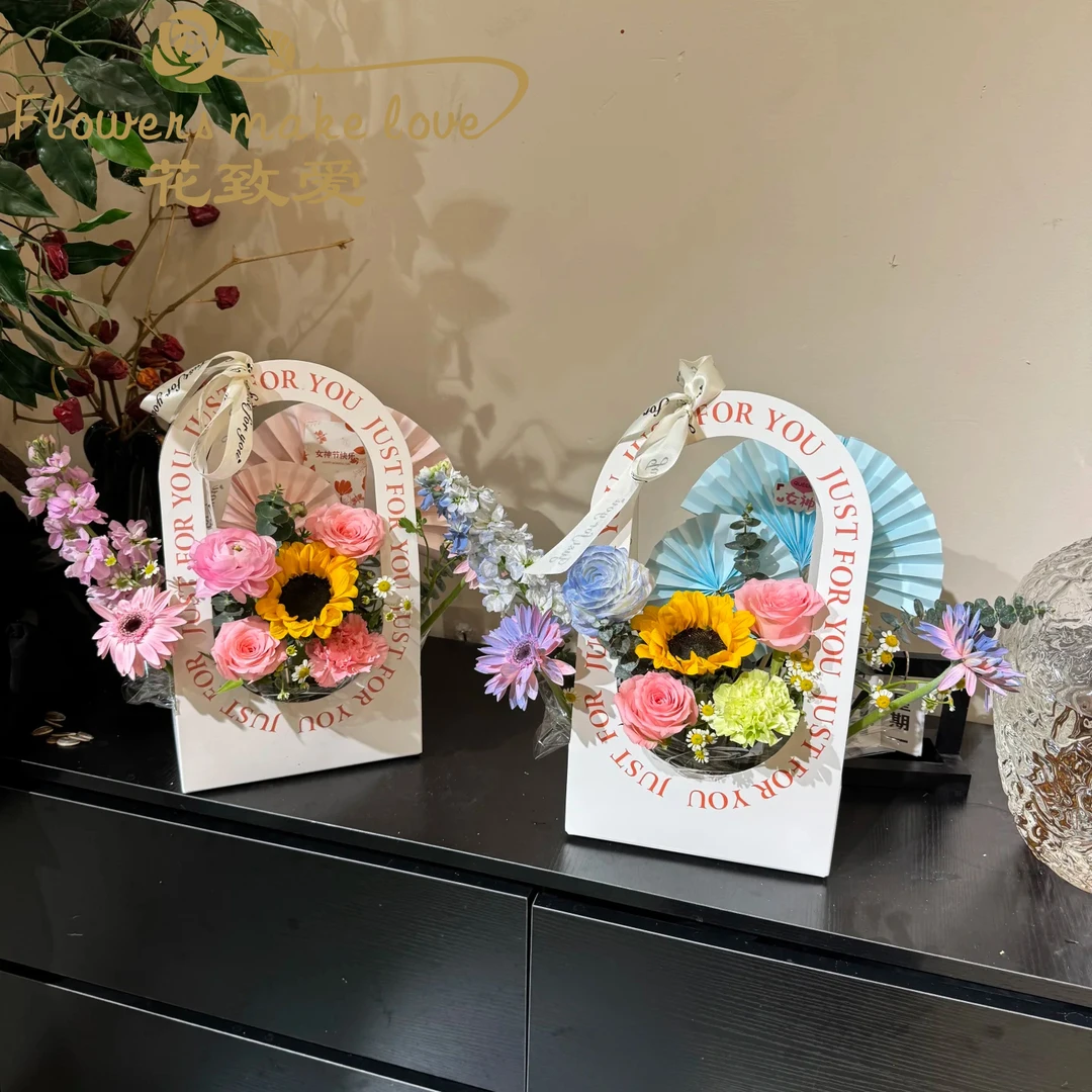 英文手提盒鲜花手提袋diy插花材料花艺资材鲜花包装花艺手提花盒