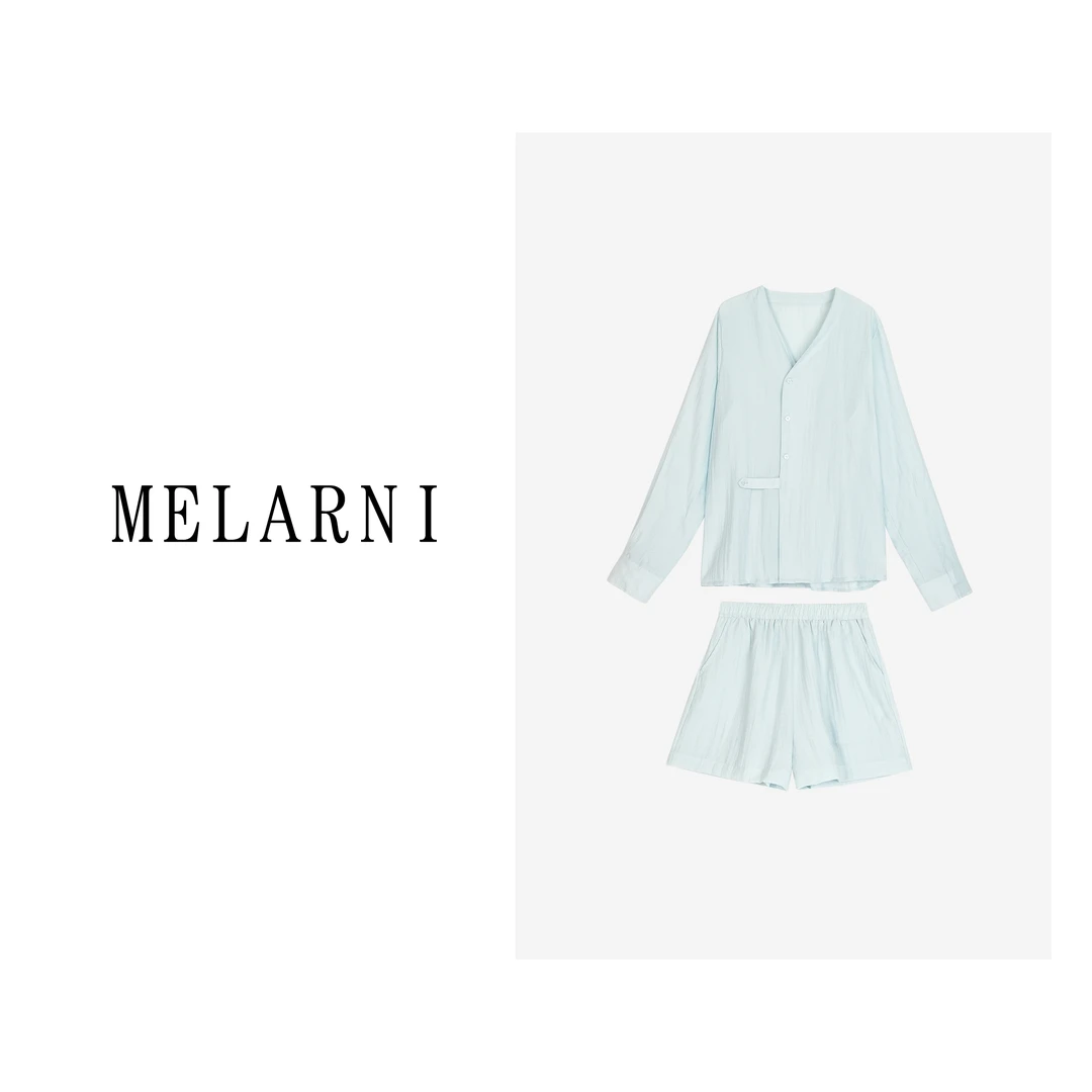 【MELARNI】休闲宽松显瘦水蓝色夏季休闲 莱塞尔套装MLN12029