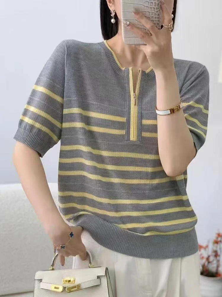 莱赛尔拼接条纹短袖针织衫薄款挑洞半拉链时尚撞色上衣设计感8571