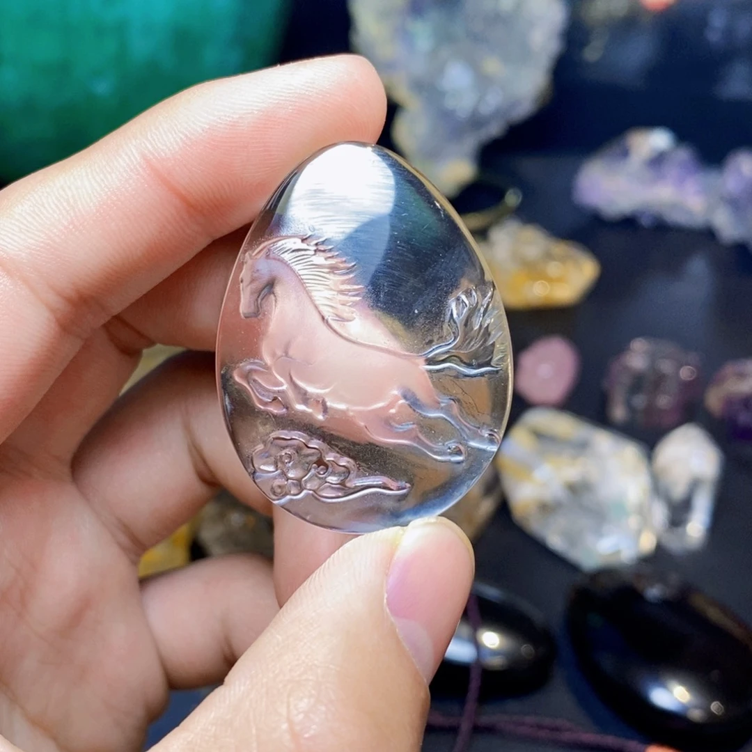 水晶天然白水晶马踏祥云吊坠未镶嵌兔*