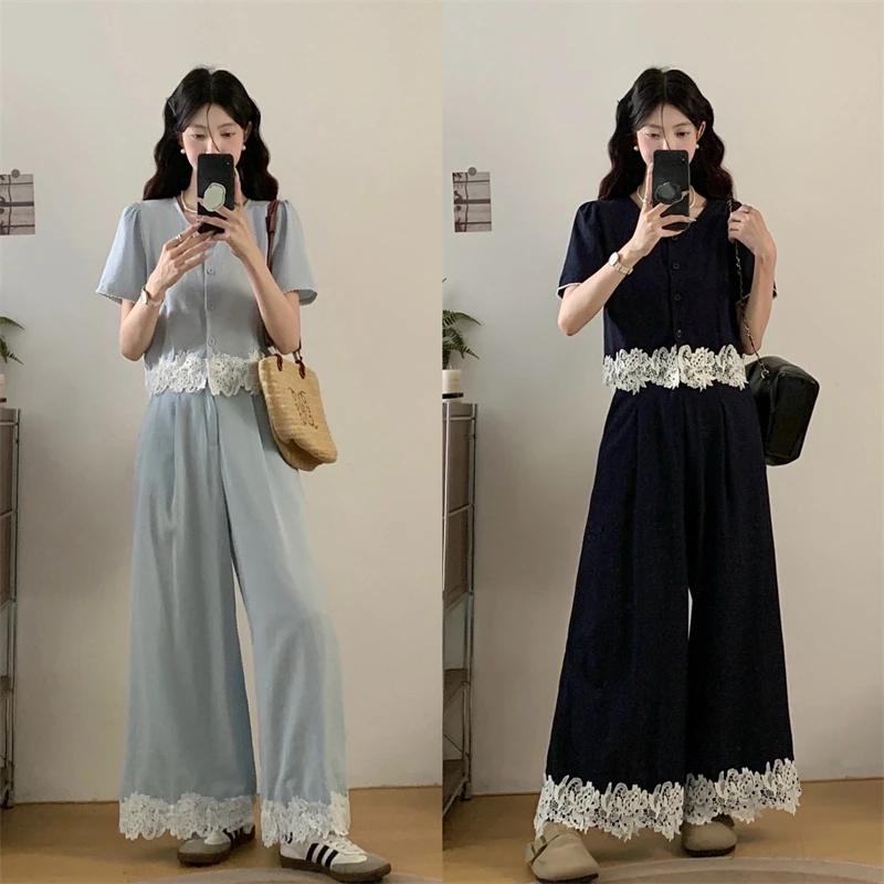 2025夏季新款大码女装蕾丝拼接短袖上衣+阔腿裤遮肉显瘦两件套