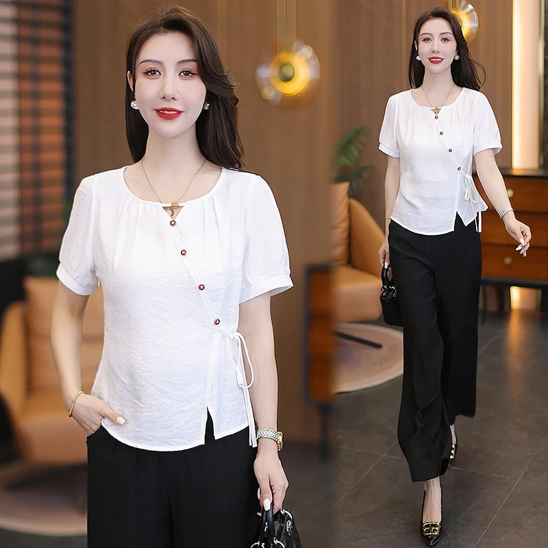 2025夏季新款法式串珠镂空系带设计感衬衣时尚洋气遮肚显瘦上衣