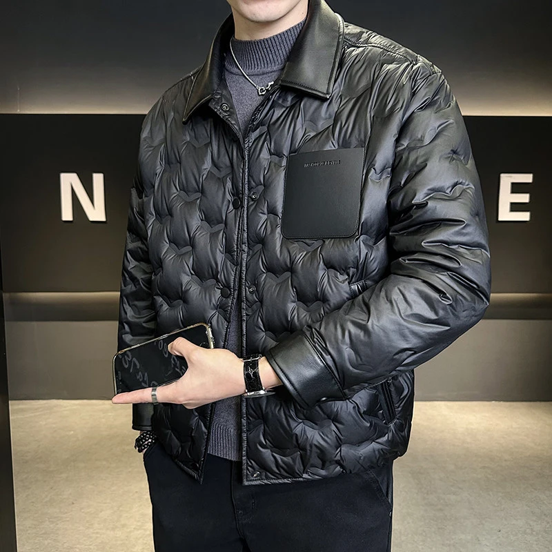 新国标90白鸭绒男装短款羽绒服加厚冬季拼皮高级感外套