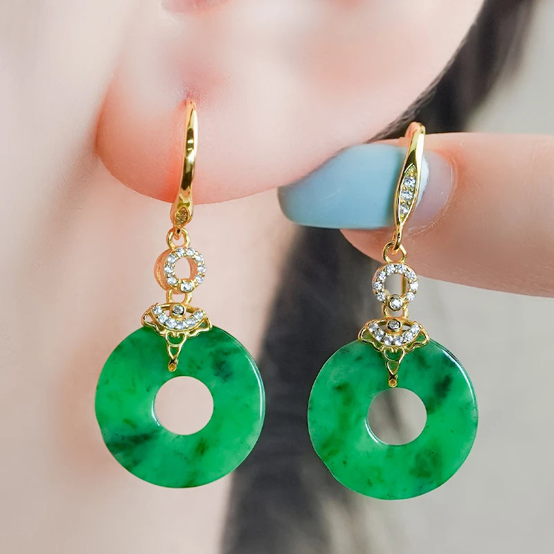天然飘辣绿翡翠A货平安扣耳环银镶时尚圆环豪镶祥云甜甜圈耳钩