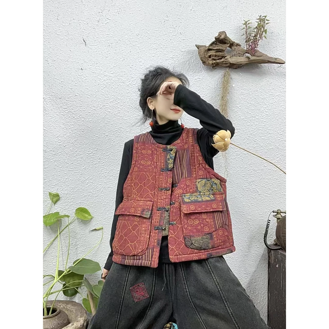 110026夹棉花色立体口袋盘扣开扣开衫马甲（长60胸围124