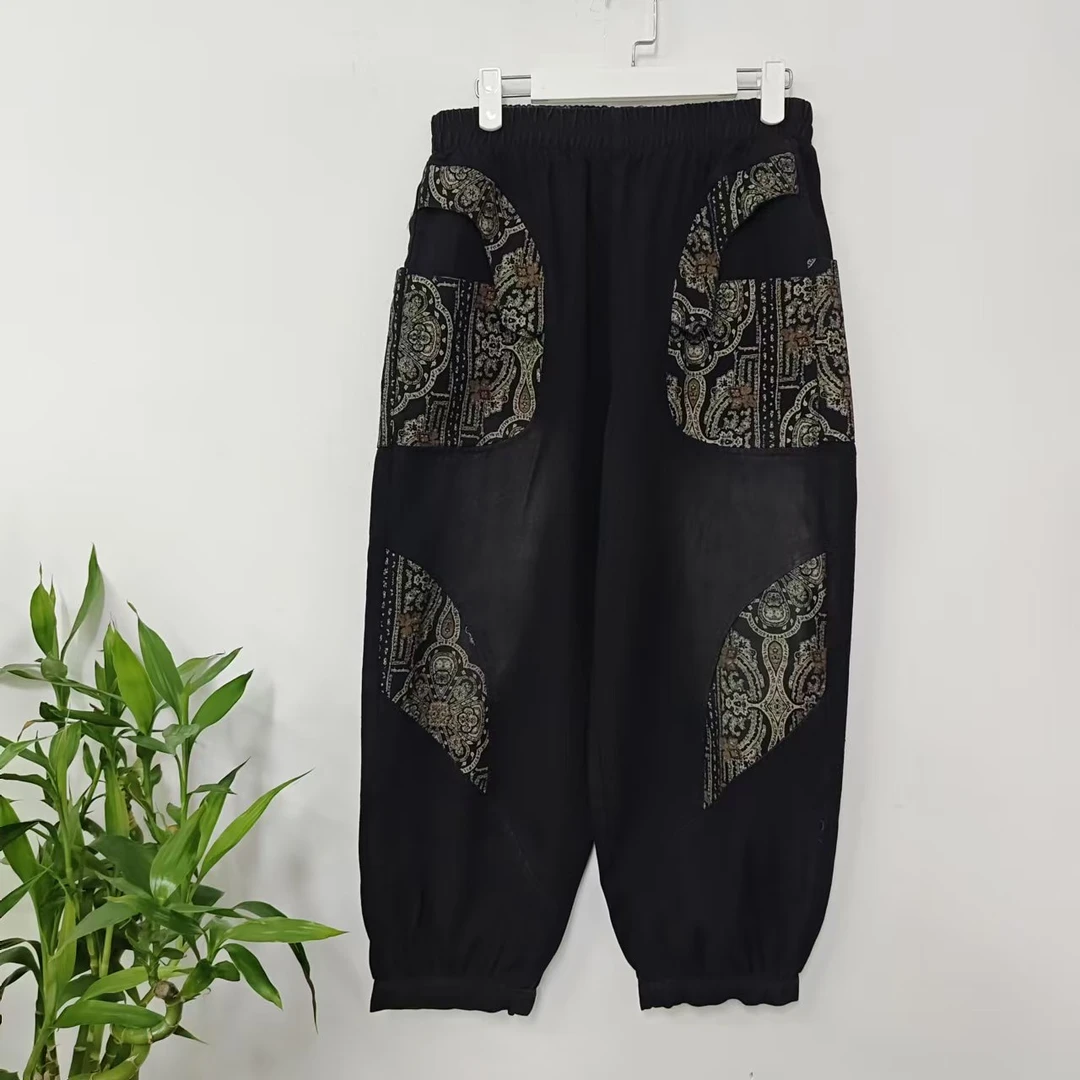 8606民族风加厚印花阔腿牛仔裤女设计感时尚高腰宽松百搭哈伦裤