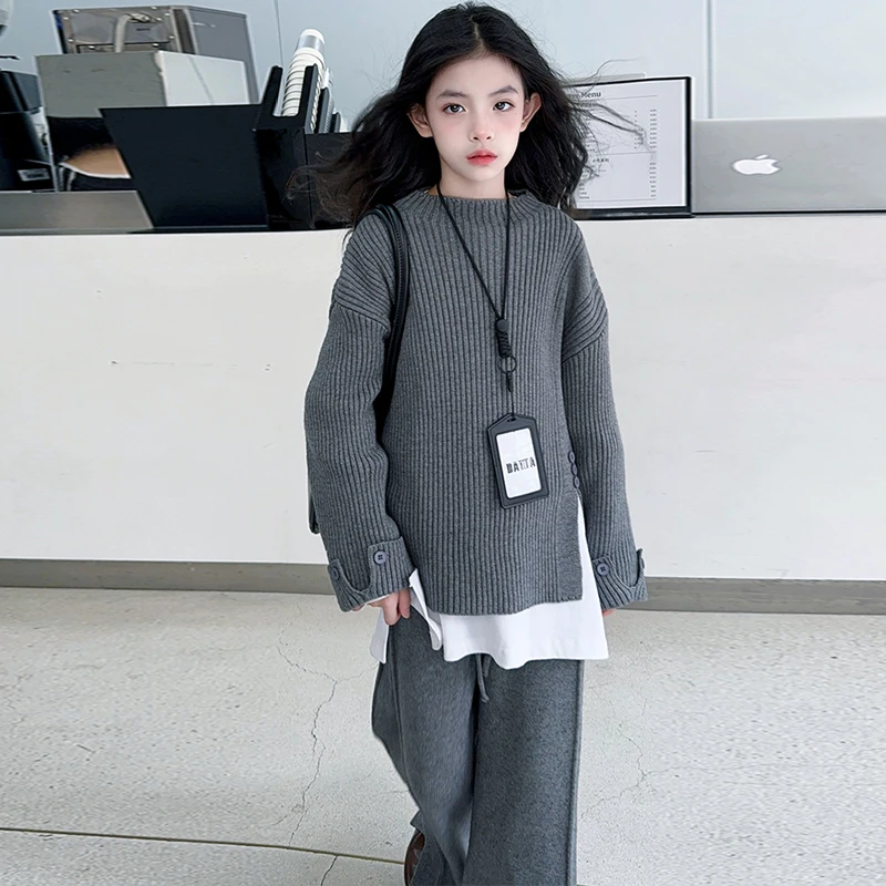【嘻嘻柚】女童春秋2025新款小香风烟灰色毛衣韩版针织毛线两件套潮