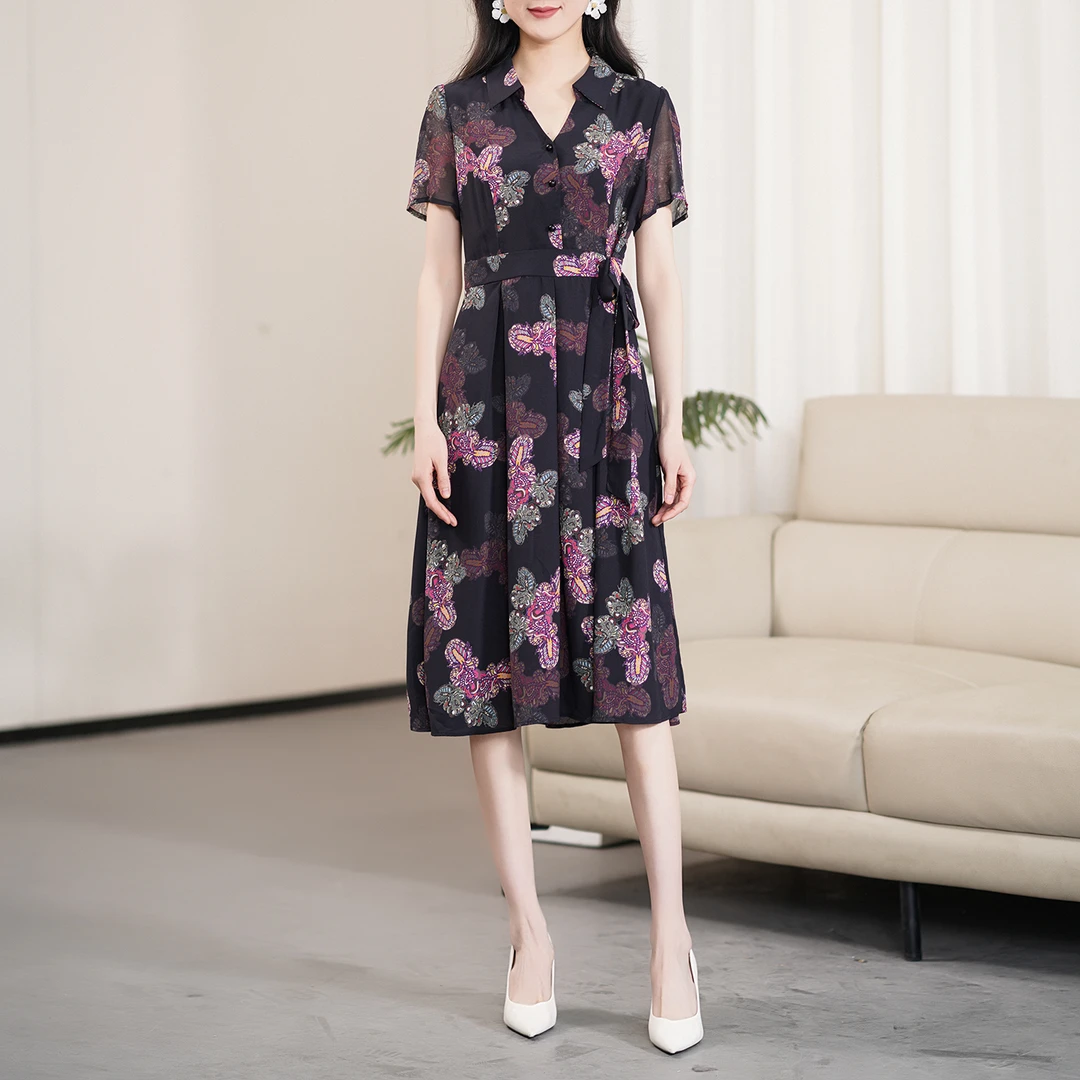 【夏季新款】复古时尚气质收腰印花洋气减龄连衣裙CS5919 裙长107