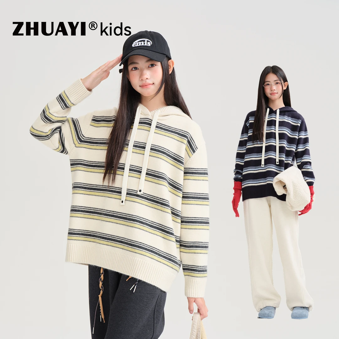 秋冬连帽条纹毛衣秋冬新款初高中学生女童保暖针织衫（25405328）1