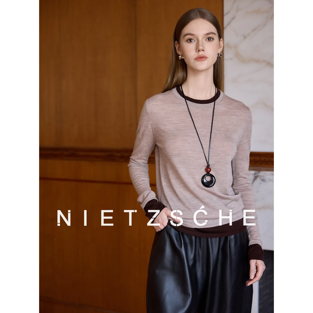 尼采官方直营｜苾入系列｜美丽诺极细防缩羊毛假两件T恤83058