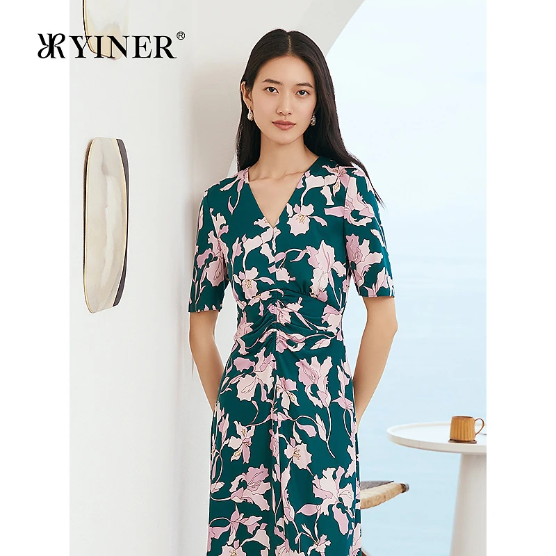 YINER音儿2025秋季新款法式艺术印花V领收腰桑蚕丝真丝连衣裙