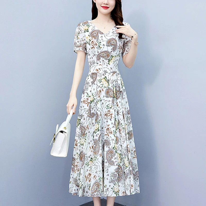 2025夏季新款雪纺碎花连衣裙大码胖mm收腰显瘦遮肚长裙