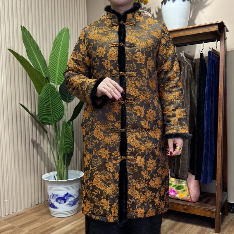 旭丹妮复古提花棉服秋冬款国风中长款貂毛棉衣妈妈装168213