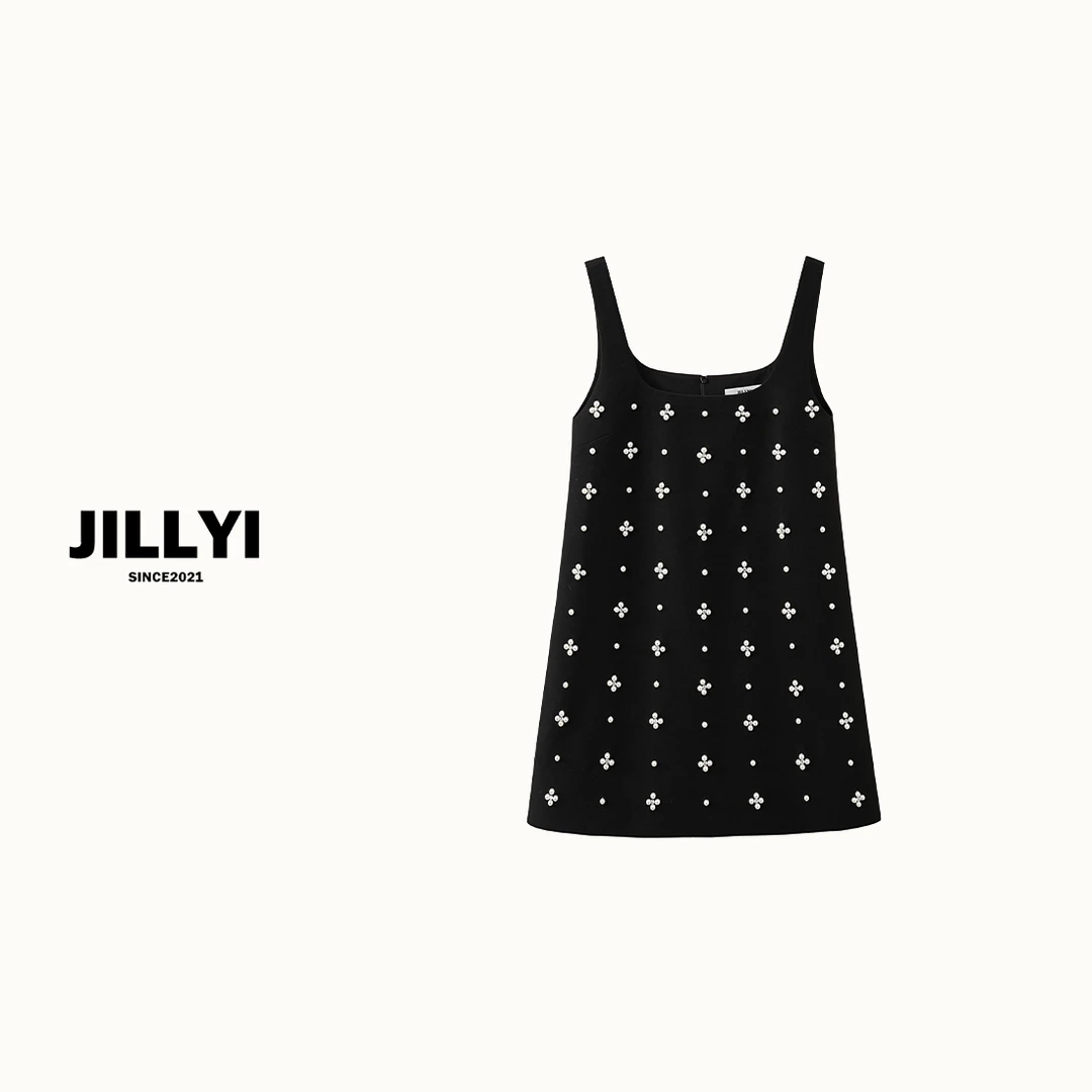 JILLYI【珍珠四叶草】黑色手缝花朵钻石轻奢时尚气质吊带连衣裙