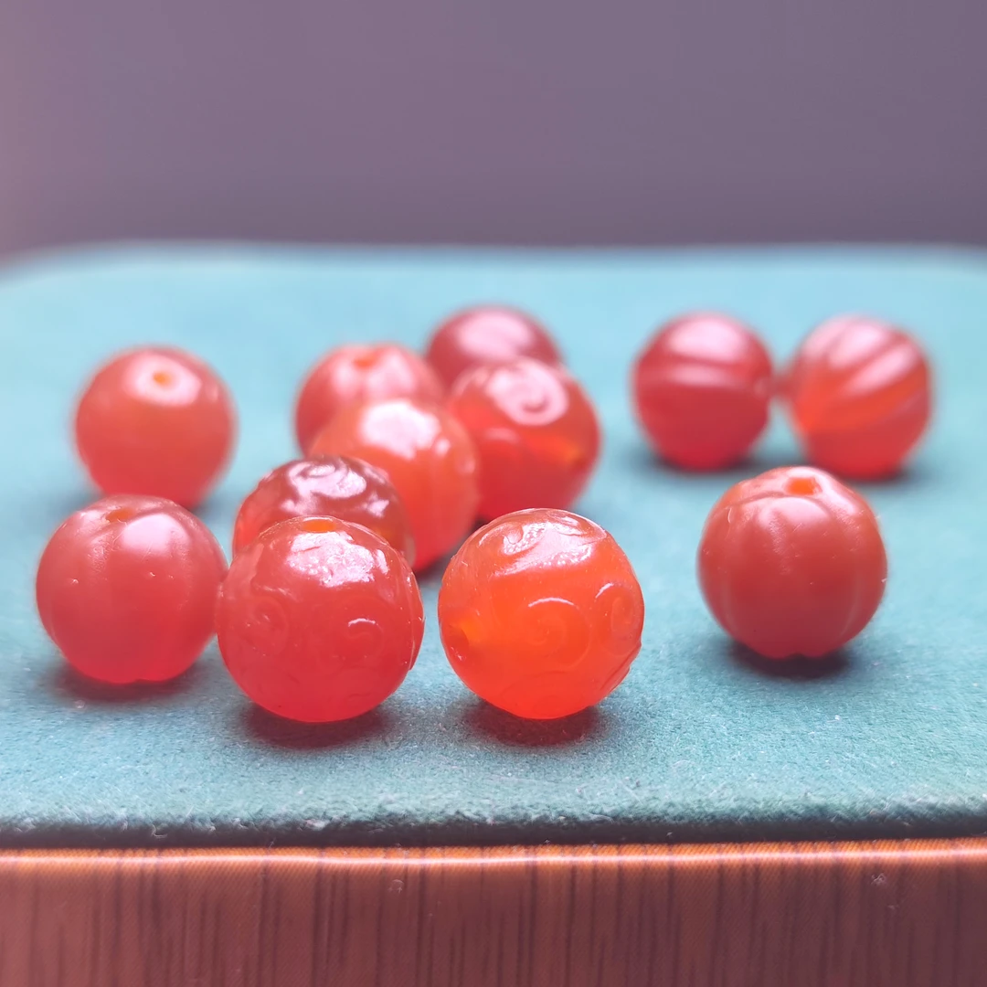 天然红玛瑙回纹珠瓜珠圆珠配饰散珠手工DIY