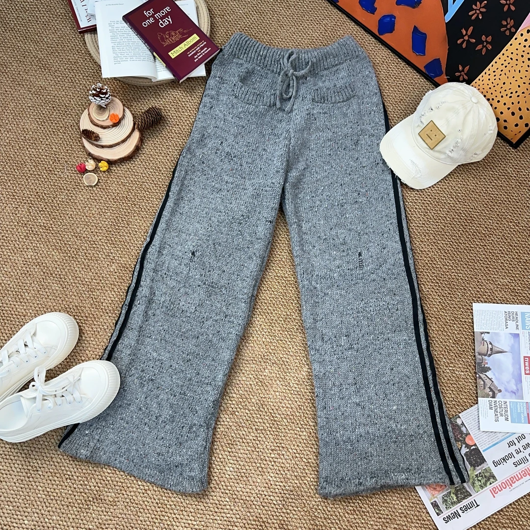 2024秋冬季新款纯色针织破洞款休闲裤阔腿裤7381