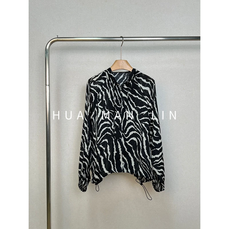 【花滿林】连帽抽绳黑白斑马纹建宏绉真丝桑蚕丝上衣259005