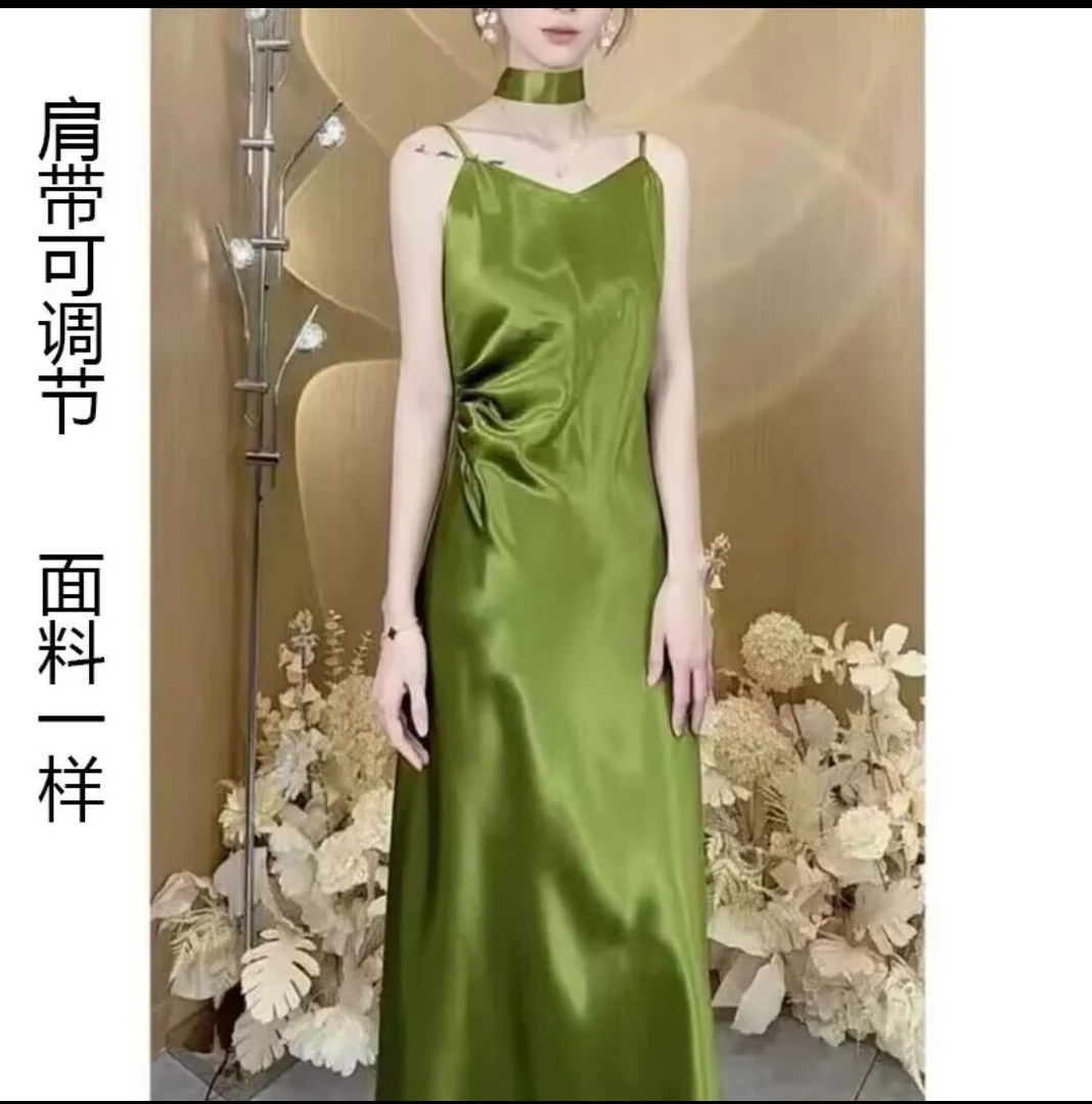 YAY肩可调节+送飘带收腰缎面鱼尾裙显瘦遮肉夏季新款