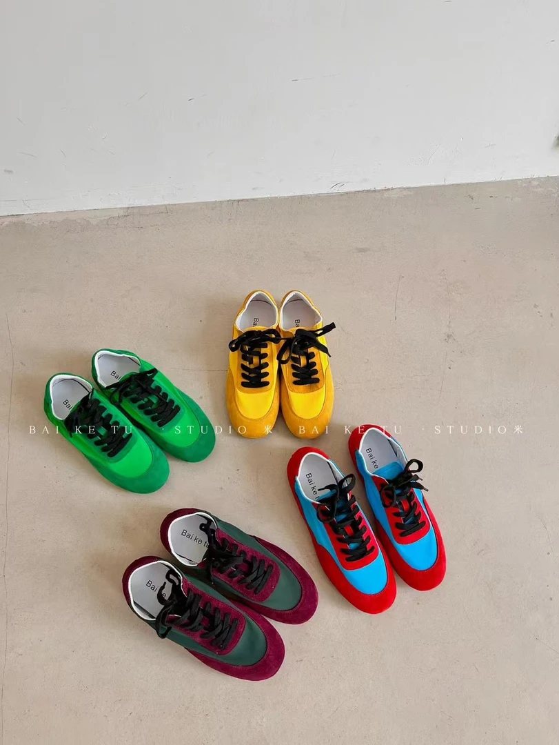 312春款磨砂牛皮撞色亮丽色系软底休闲德训鞋女