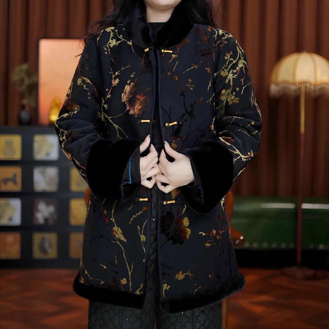 金叶银杏（黑色）双面双穿皮毛加厚冬季短上衣外套女装国风盘扣