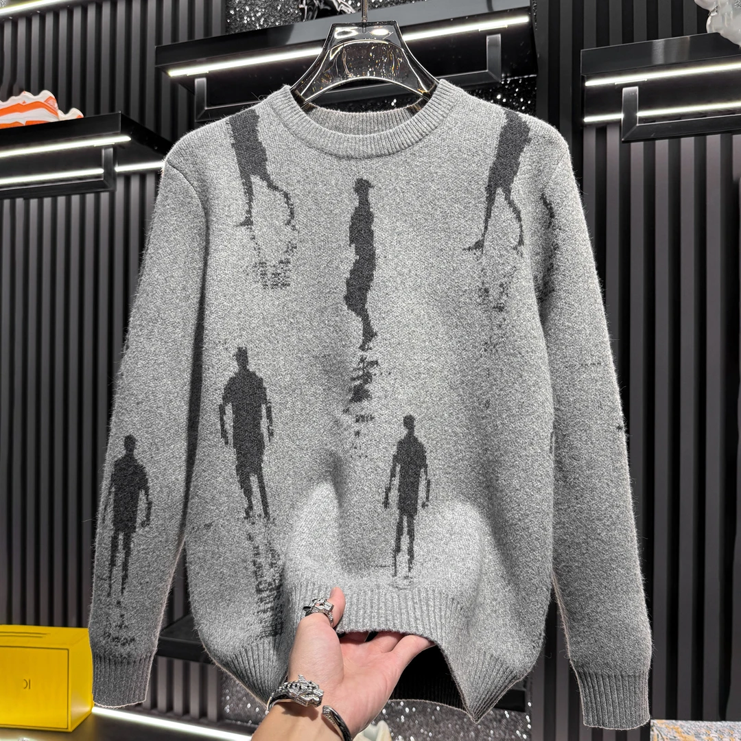 洛尼提日亚男士提花圆领毛衣2025新款秋冬潮牌厚款内搭打底针织衫