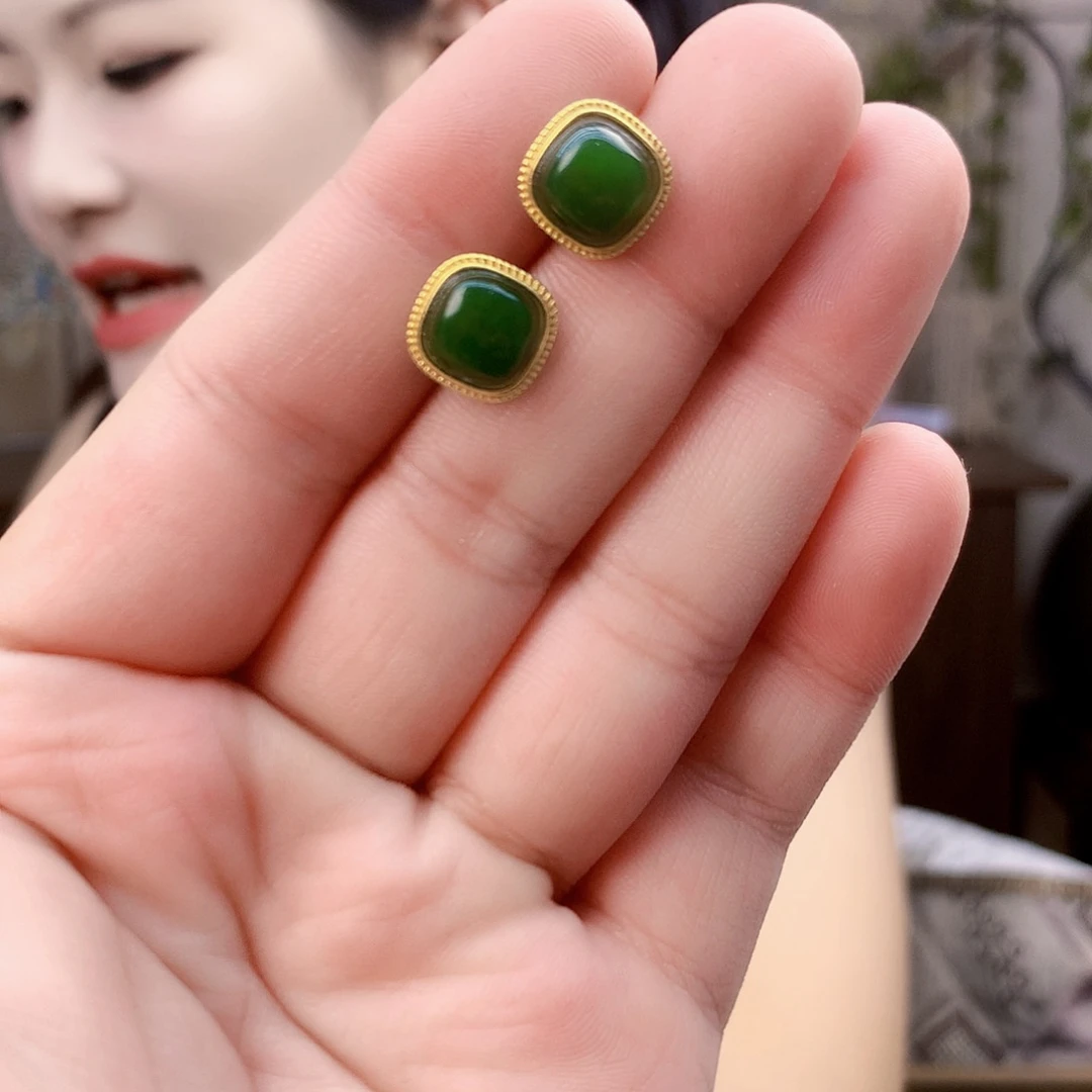 和田玉（碧玉）银S925镶嵌吊坠(不含链)耳钉