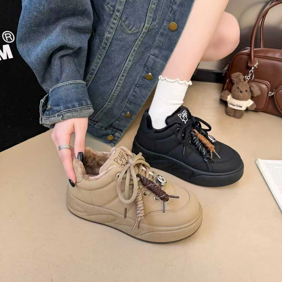 2025新款加绒美拉德女面包鞋网红百搭休闲增高运动厚底软面板鞋潮