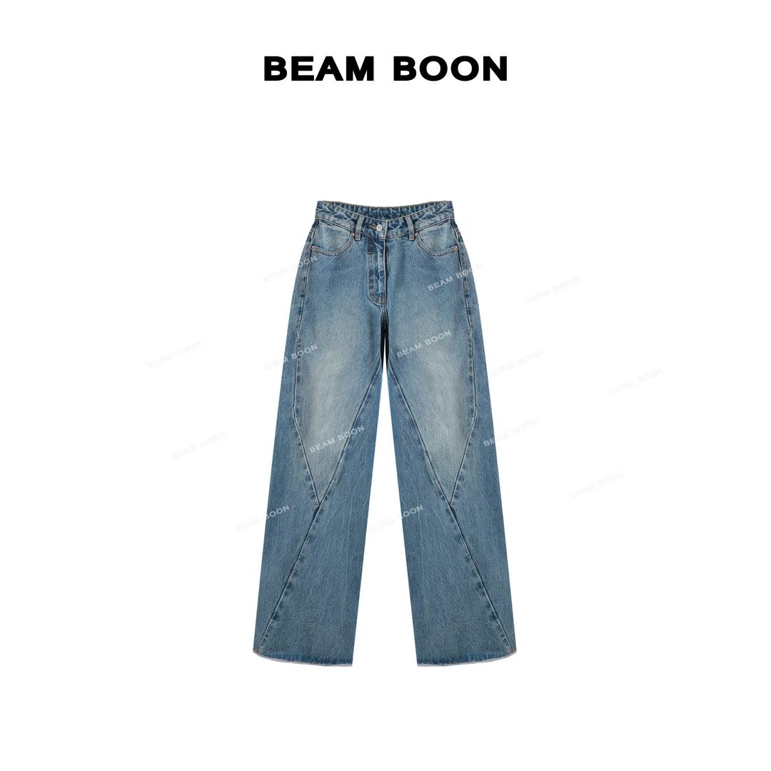 Beam Boon|【江南小姐姐】Given*立裁拼接复古酵洗磨白直筒牛仔裤